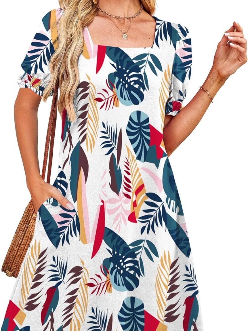 RUMIA Women's Summer Dress Casual Tropical Square Neck Puff Short Sleeve Dress-S